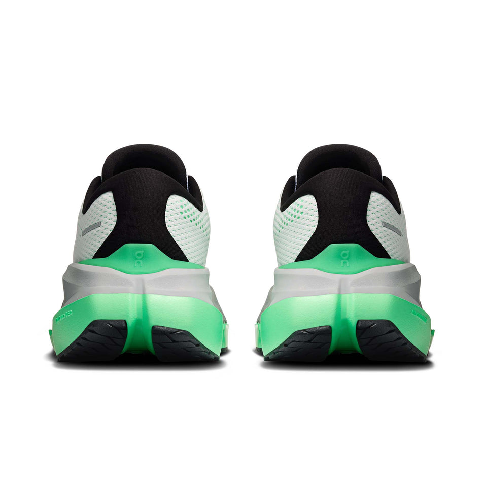 The back of a pair of On Men's Cloudrunner Max Running Shoes in the White/Verdite colourway.