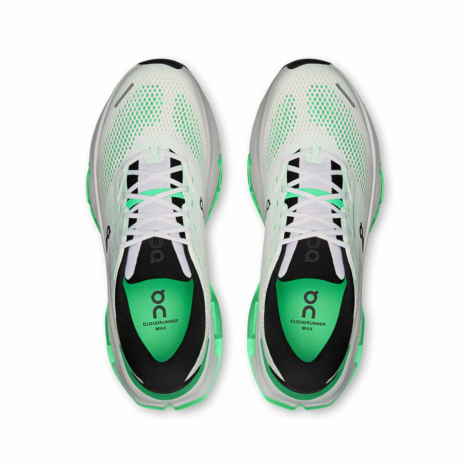 The uppers of a pair of On Men's Cloudrunner Max Running Shoes in the White/Verdite colourway.