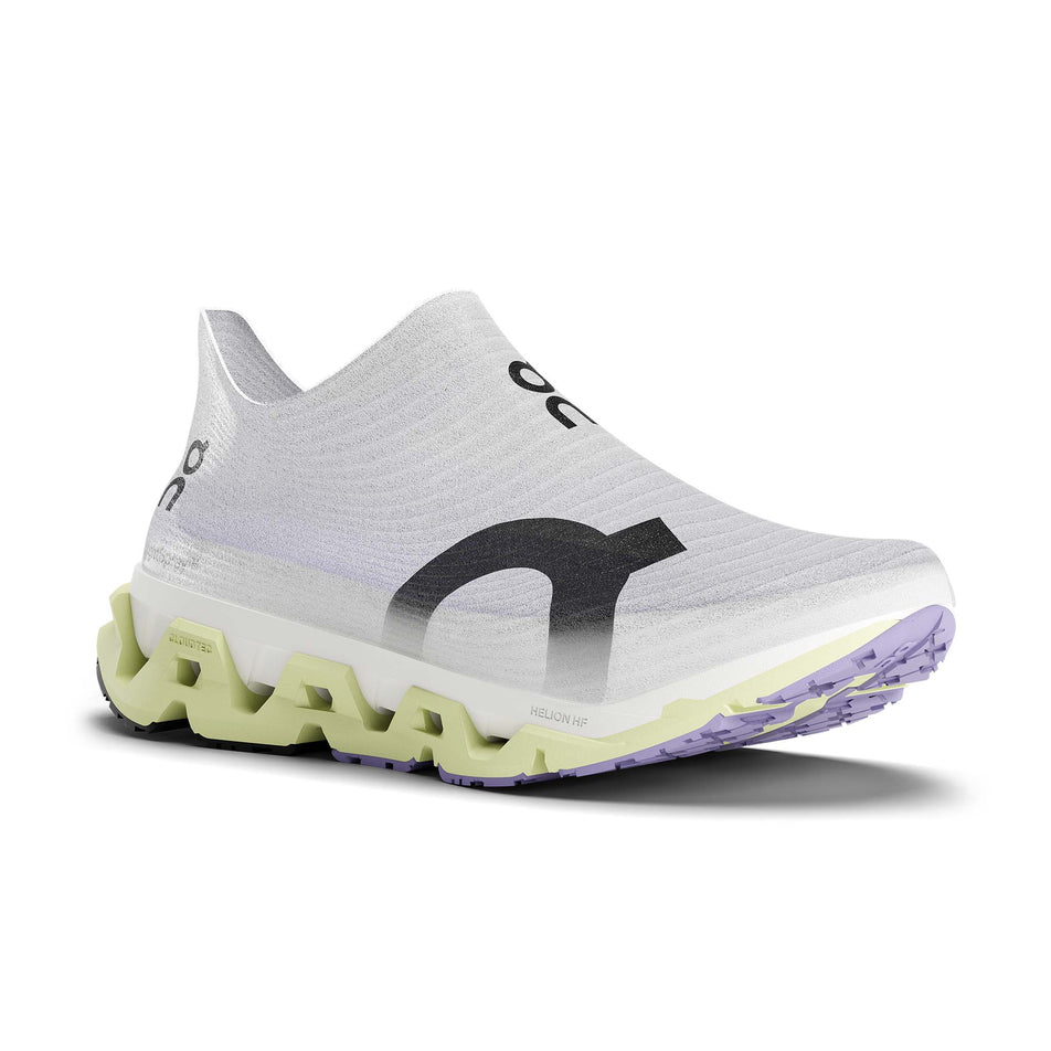 Lateral view of the right shoe from a pair of On Unisex Cloudmonster 3 Hyper LS Running Shoes in the Limelight/Bloom colourway.