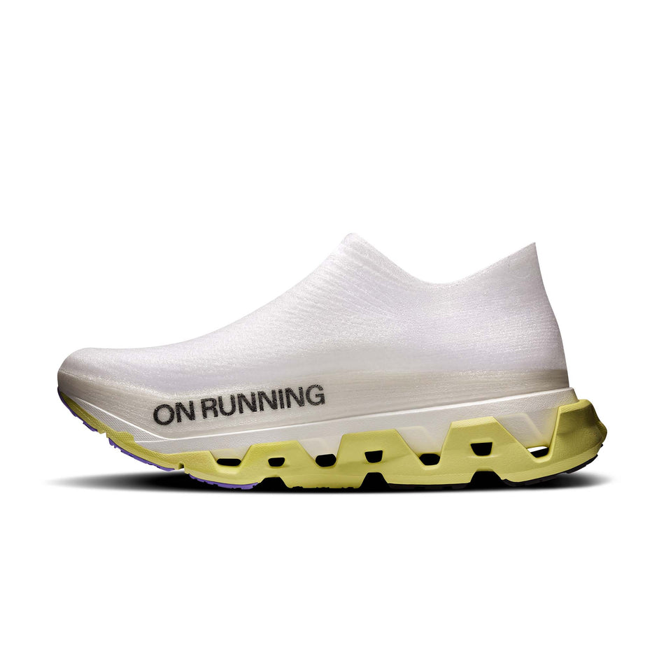Medial view of the right shoe from a pair of On Unisex Cloudmonster 3 Hyper LS Running Shoes in the Limelight/Bloom colourway.