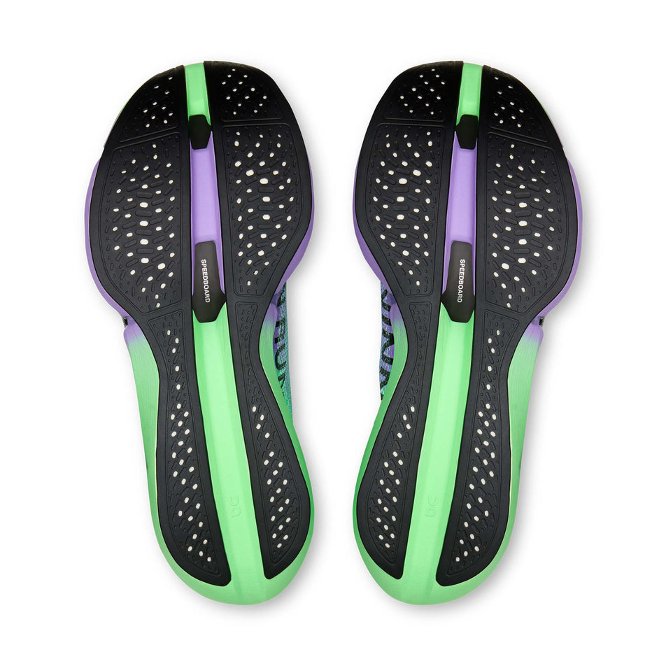 The outsoles of a pair of On Unisex Cloudboom Strike 2 Running Shoes in the Verdite/Aconite colourway.