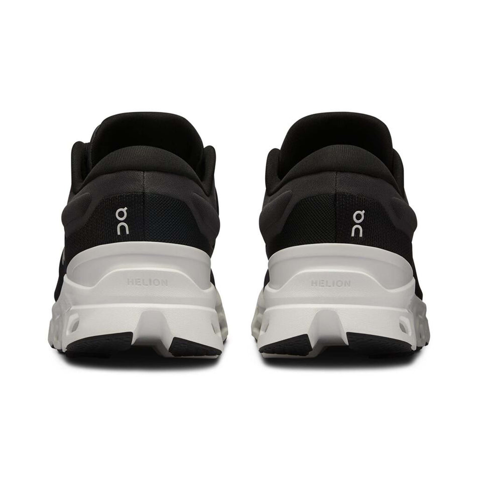 The back of a pair of On Women's Cloudstratus 3 Running Shoes in the Black/Frost colourway (8002674196642)