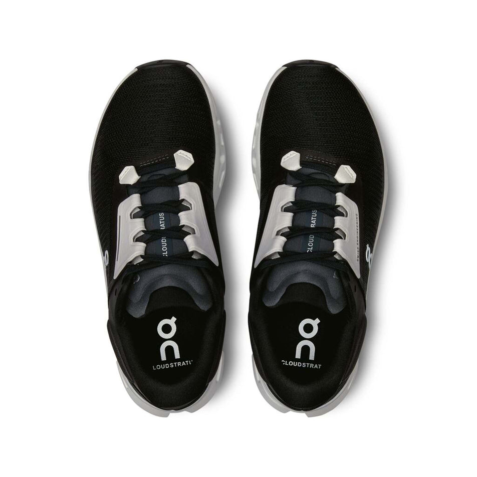 The uppers on a pair of On Women's Cloudstratus 3 Running Shoes in the Black/Frost colourway (8002674196642)