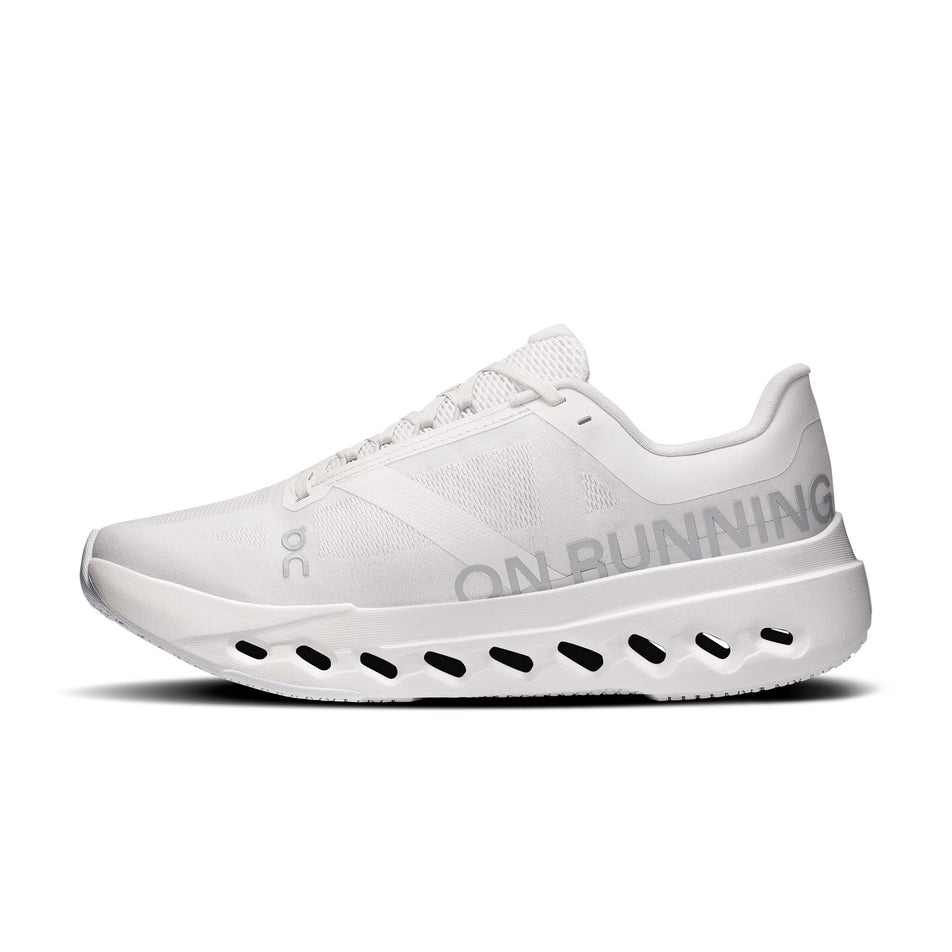Medial view of the right shoe from a pair of On Women's Cloudsurfer Next Running Shoes in the White/White colourway.