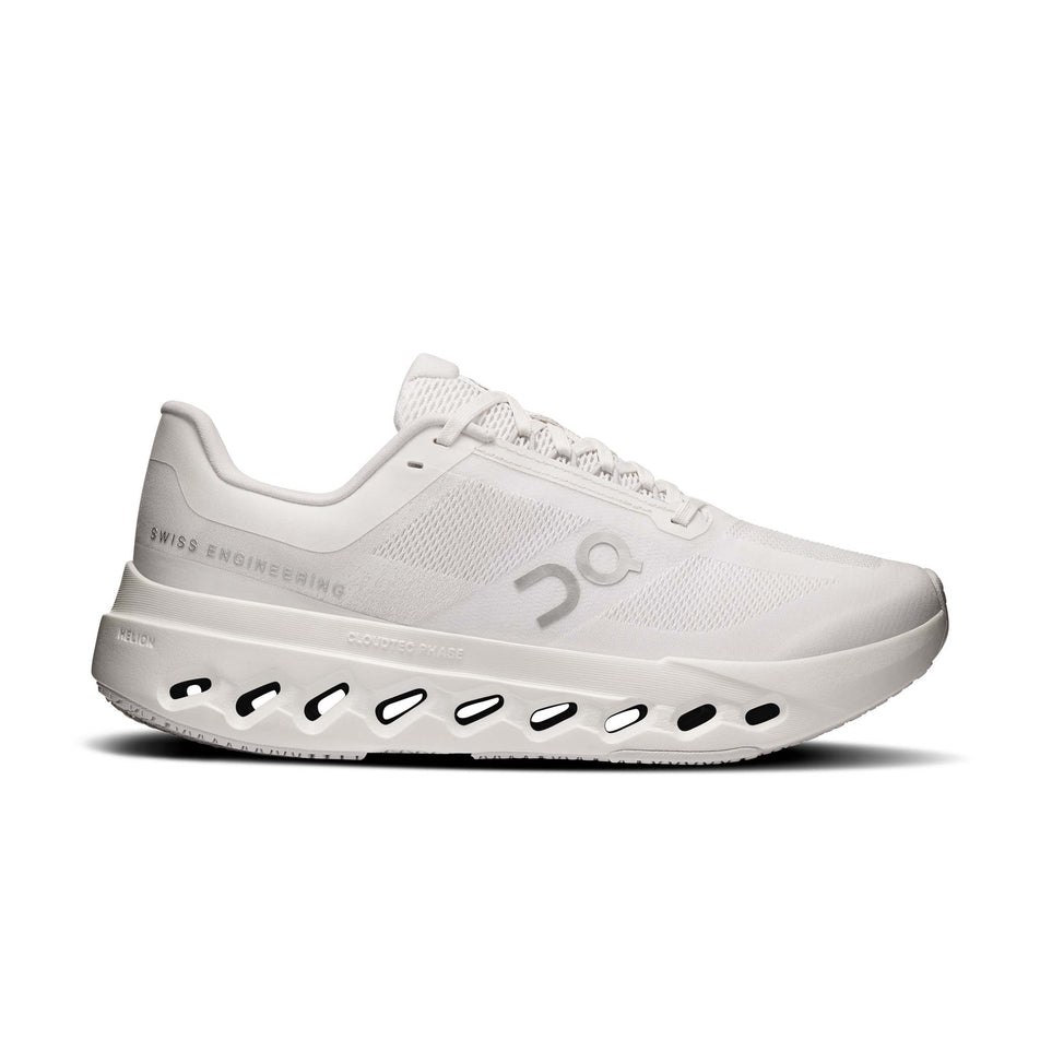 Lateral view of the right shoe from a pair of On Women's Cloudsurfer Next Running Shoes in the White/White colourway.