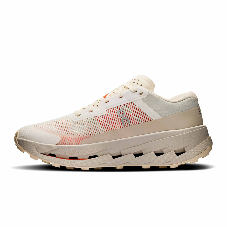 Medial view of the right shoe from a pair of On Women's Cloudultra 3 Running Shoes in the Ivory/Pearl colourway. (8714544251042)