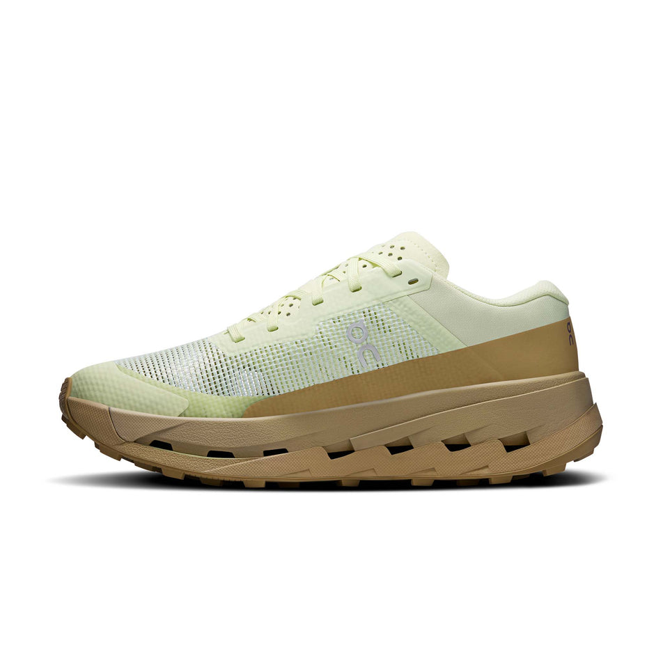 Medial view of the right shoe from a pair of On Women's Cloudultra 3 Running Shoes in the Linen/Safari colourway.