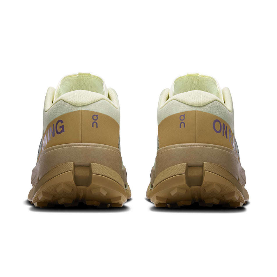 The back of a pair of On Women's Cloudultra 3 Running Shoes in the Linen/Safari colourway.