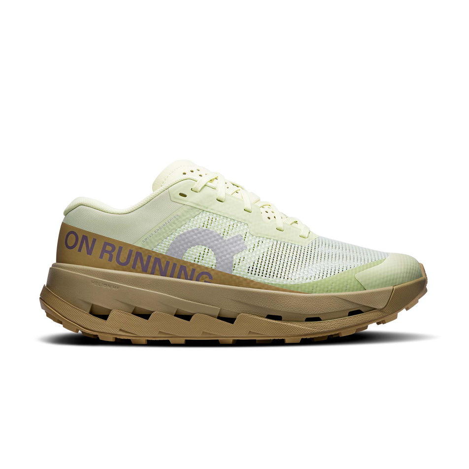 Lateral view of the right shoe from a pair of On Women's Cloudultra 3 Running Shoes in the Linen/Safari colourway.