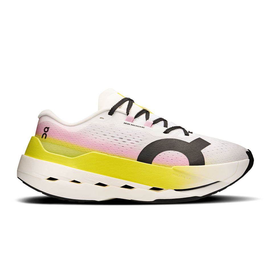 Lateral view of the right shoe from a pair of On Women's Cloudboom Max Running Shoes in the Lime/Raspberry  colourway. (8746029416610)