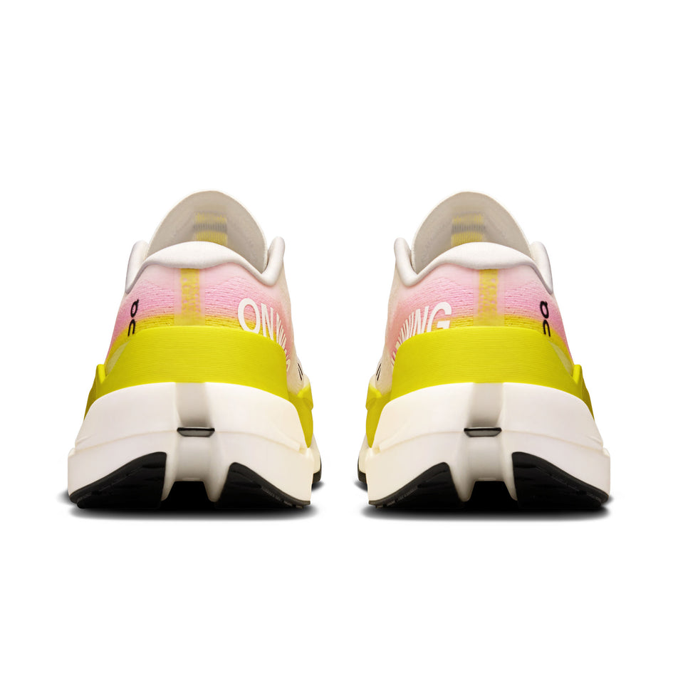 The back of a pair of On Women's Cloudboom Max Running Shoes in the Lime/Raspberry  colourway. (8746029416610)
