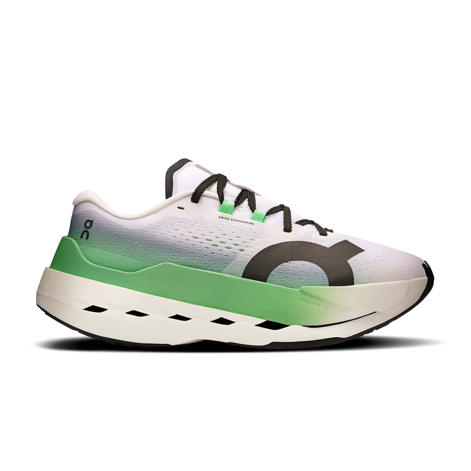 Lateral view of the right shoe from a pair of On Women's Cloudboom Max Running Shoes in the Honeydrew/Lilac colourway. (8714923344034)