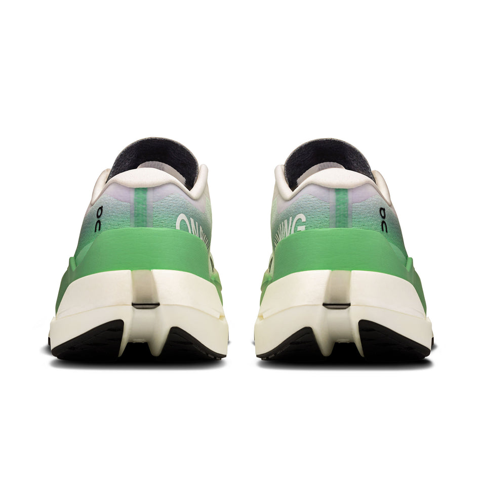 The back of a pair of On Women's Cloudboom Max Running Shoes in the Honeydrew/Lilac colourway. (8714923344034)