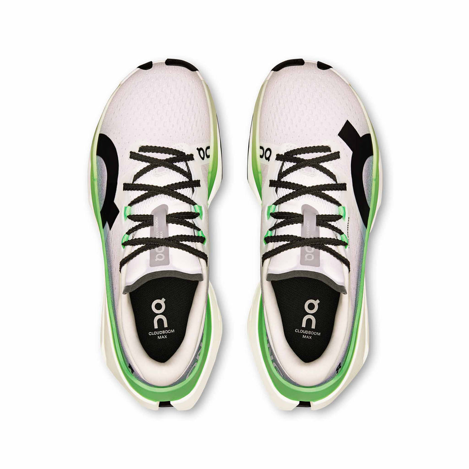 The uppers of a pair of On Women's Cloudboom Max Running Shoes in the Honeydrew/Lilac colourway. (8714923344034)
