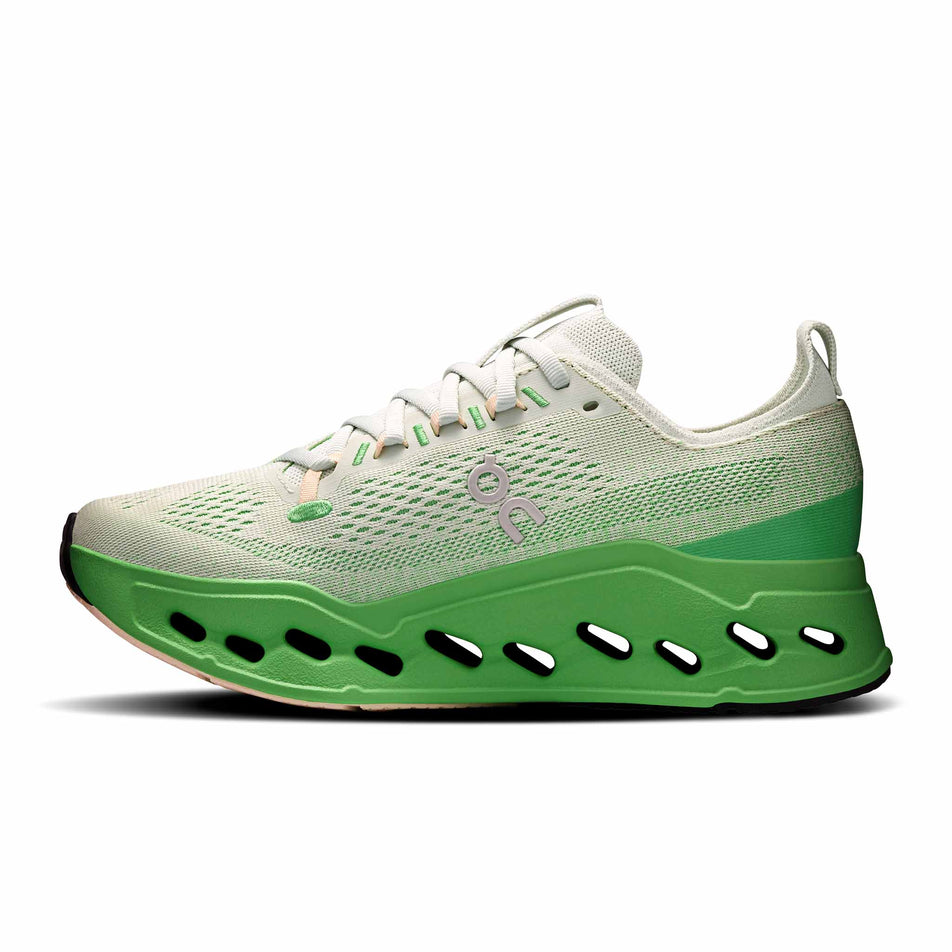 Medial view of the right shoe from a pair of On Women's Cloudsurfer Max Running Shoes in the Mineral/Honeydew colourway. (8714525474978)