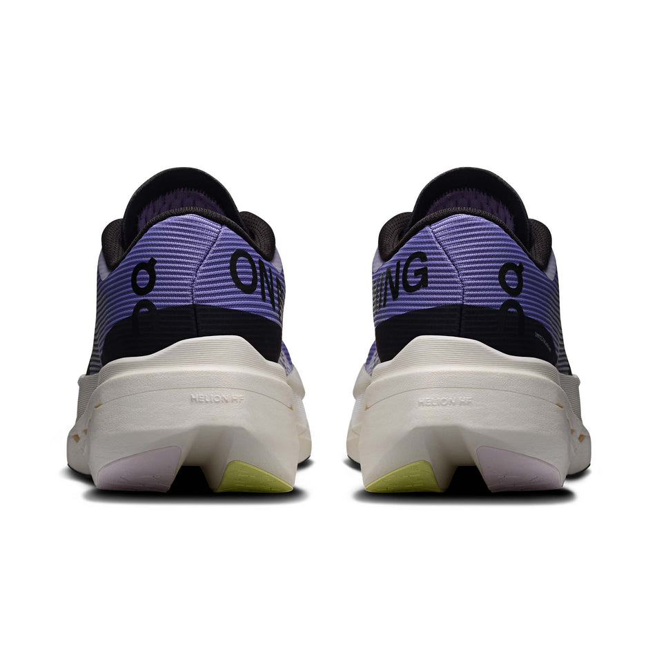 The back of a pair of On Women's Cloudboom Volt Running Shoes in the Juniper/Limelight colourway.
