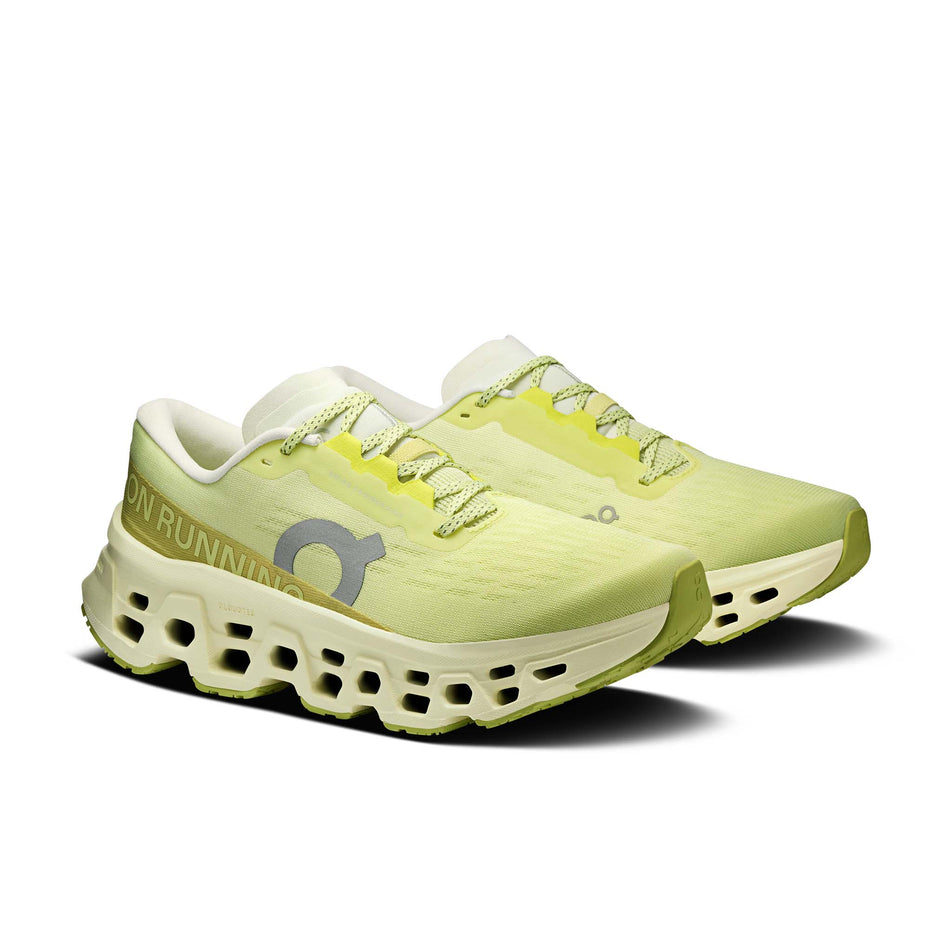 A pair of On Women's Cloudmonster 3 Running Shoes in the Limelight/Seedling colourway.