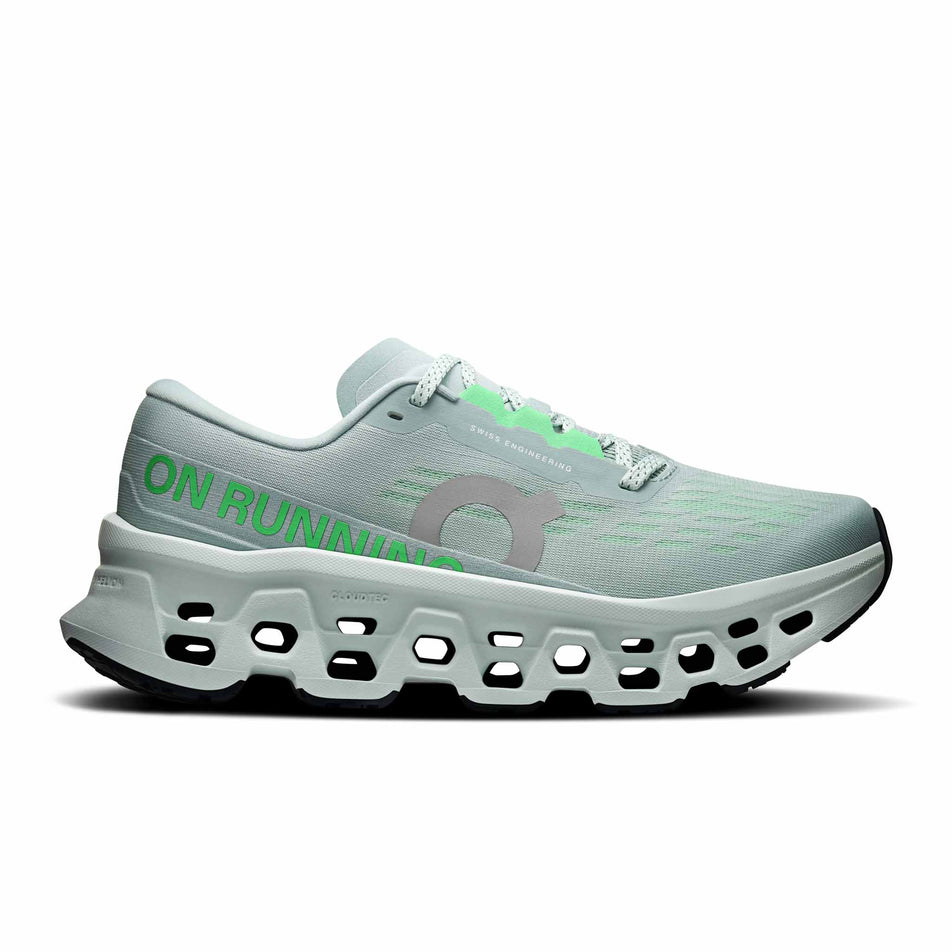 Lateral view of the right shoe from a pair of On Women's Cloudmonster 3 Running Shoes in the Brook/Flurry colourway.