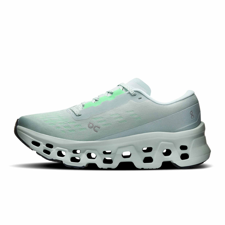 Medial view of the right shoe from a pair of On Women's Cloudmonster 3 Running Shoes in the Brook/Flurry colourway.