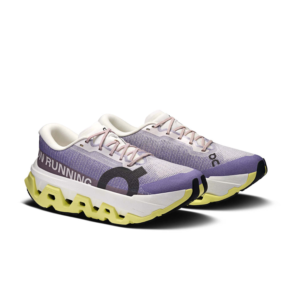 A pair of On Women's Cloudmonster 3 Hyper Running Shoes in the Lily/Limelight colourway.