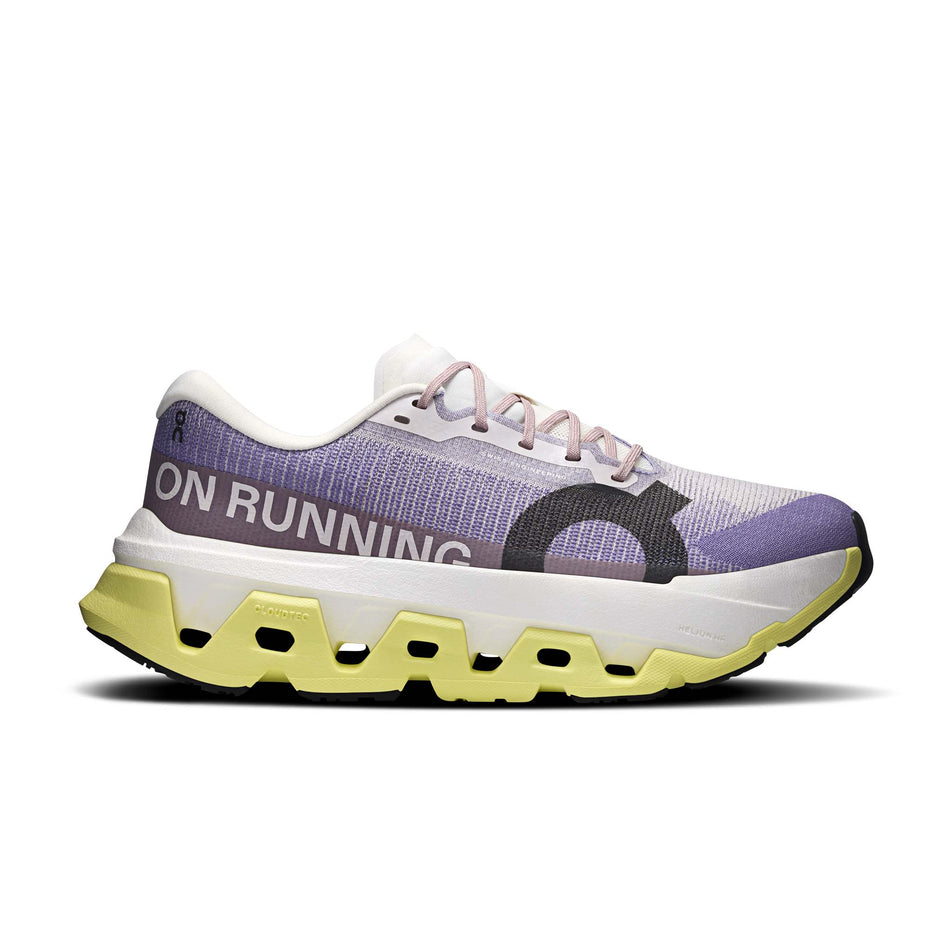 Lateral view of the right shoe from a pair of On Women's Cloudmonster 3 Hyper Running Shoes in the Lily/Limelight colourway.