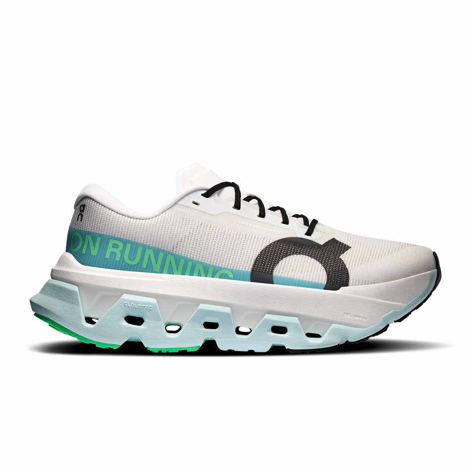 Lateral view of the right shoe from a pair of On Women's Cloudmonster 3 Hyper Running Shoes in the Ivory/Flurry colourway.