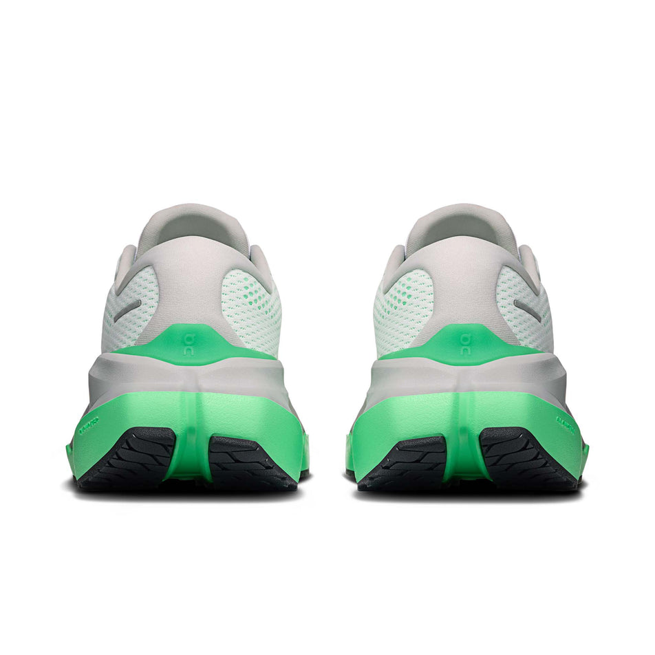 The back of a pair of On Women's Cloudrunner Max Running Shoes in the White/Verdite colourway.