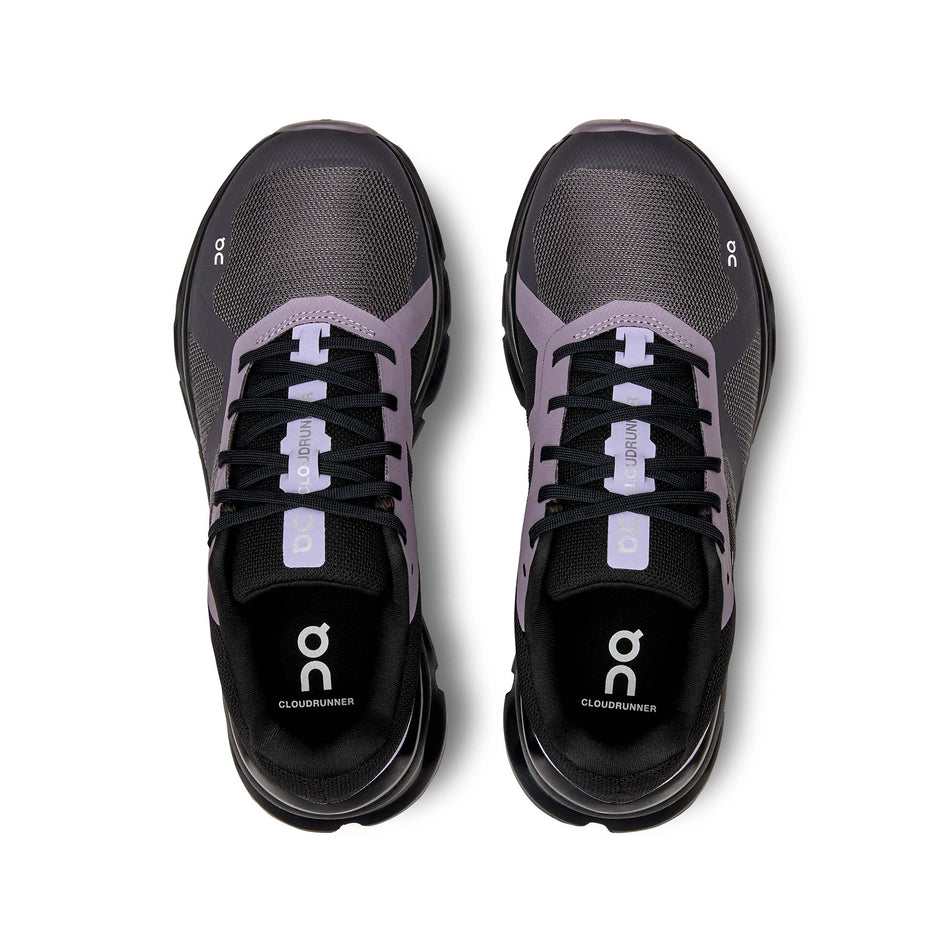 The uppers on a pair of On Women's Cloudrunner Running Shoes in the Iron | Black colourway (7986200215714)