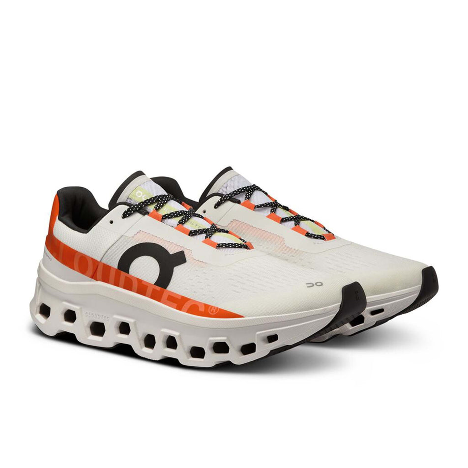 A pair of On Men's Cloudmonster Running Shoes in the Undyed-White/Flame colurway (8002663415970)
