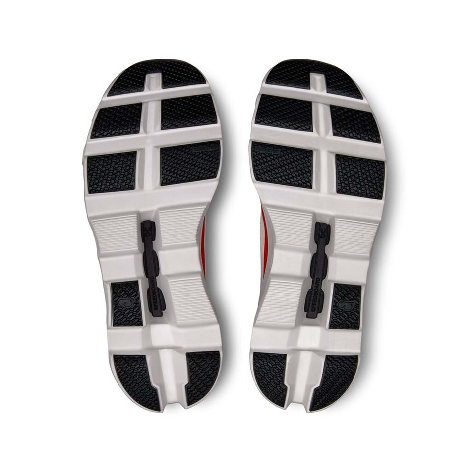 The outsoles on a pair of On Men's Cloudmonster Running Shoes in the Undyed-White/Flame colurway (8002663415970)