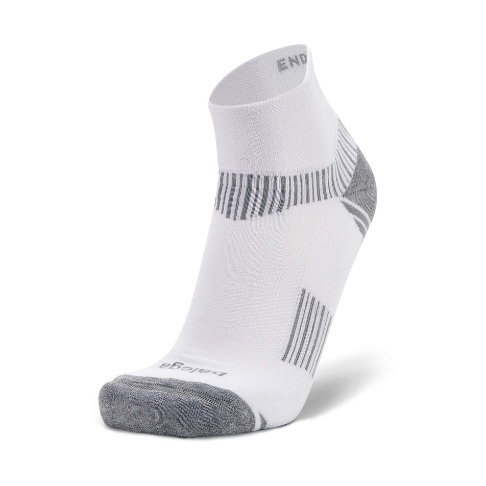 The left sock from a pair of Balega Unisex Enduro Quarter Running Socks in the White/Grey colourway.