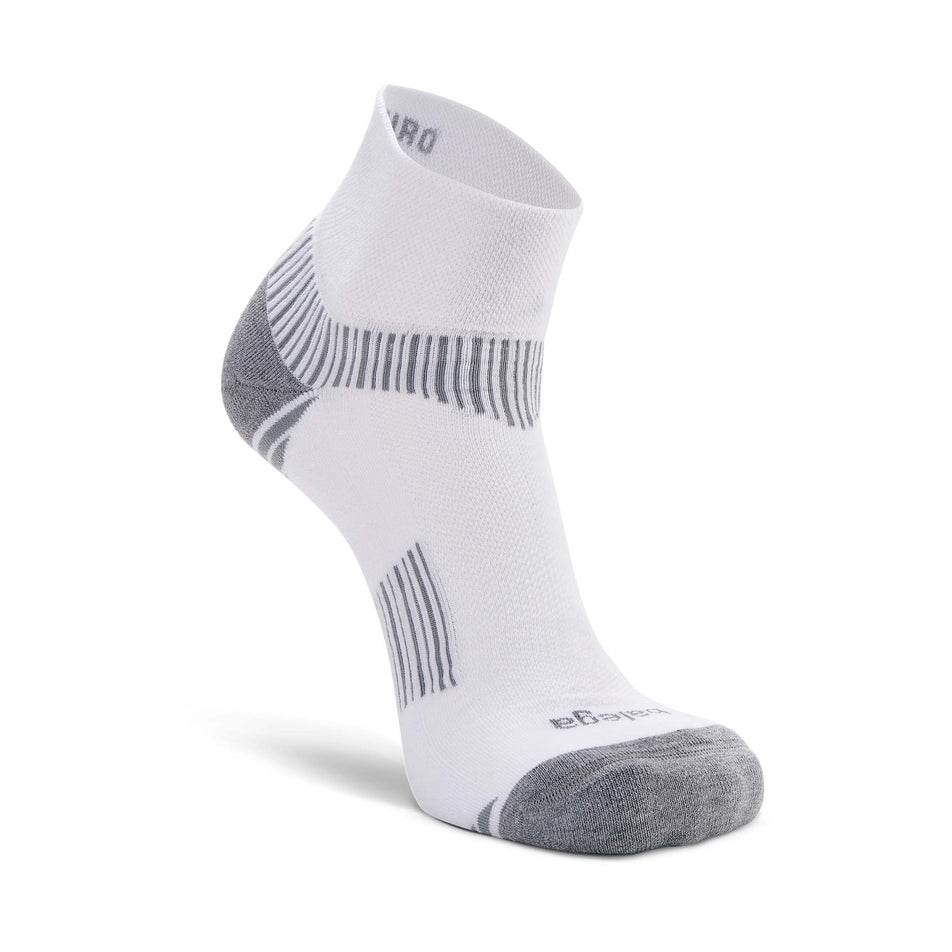 The left sock from a pair of Balega Unisex Enduro Quarter Running Socks in the White/Grey colourway.
