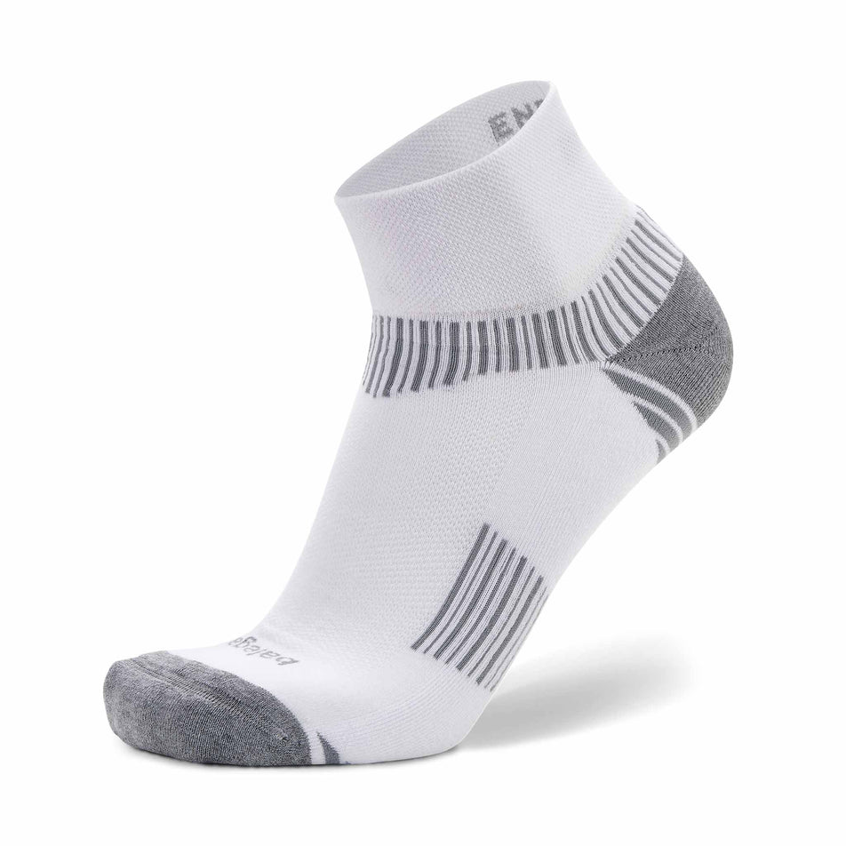 The left sock from a pair of Balega Unisex Enduro Quarter Running Socks in the White/Grey colourway.