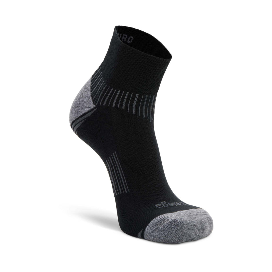 The left sock from a pair of Balega Unisex Enduro Quarter Running Socks in the Black/Grey colourway.