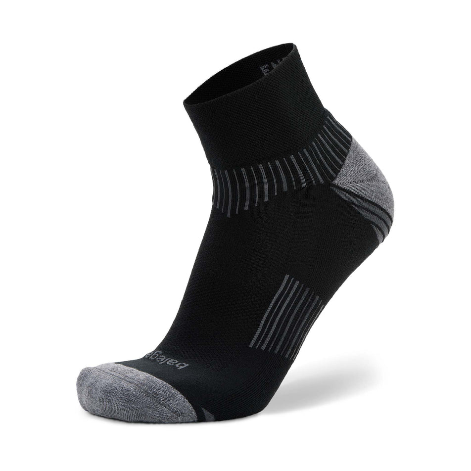 The left sock from a pair of Balega Unisex Enduro Quarter Running Socks in the Black/Grey colourway.