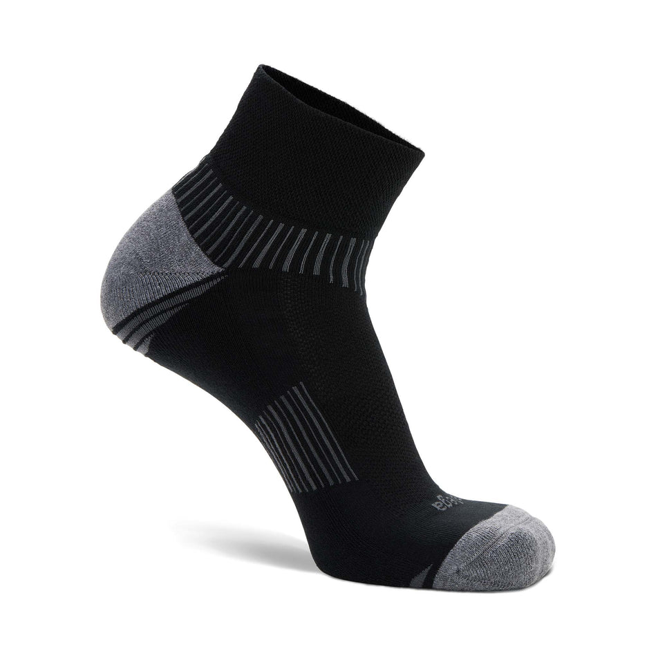 The left sock from a pair of Balega Unisex Enduro Quarter Running Socks in the Black/Grey colourway.