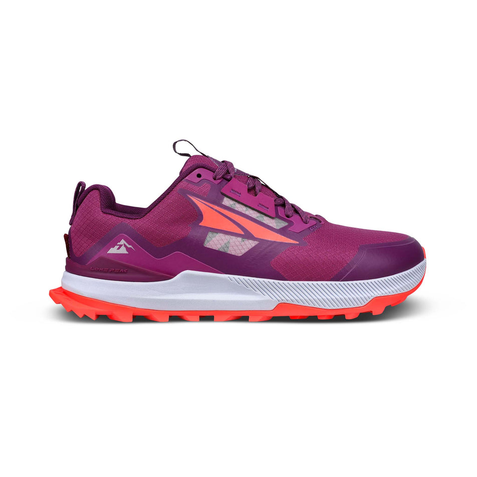Lateral side of the right shoe from a pair of Altra Women's Lone Peak 7 Running Shoes in the Purple/Orange colourway (7994456146082)