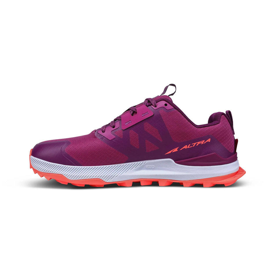 Medial side of the right shoe from a pair of Altra Women's Lone Peak 7 Running Shoes in the Purple/Orange colourway (7994456146082)