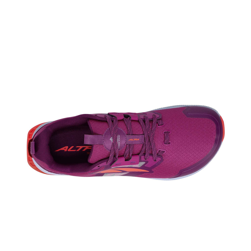 The upper of the right shoe from a pair of Altra Women's Lone Peak 7 Running Shoes in the Purple/Orange colourway (7994456146082)