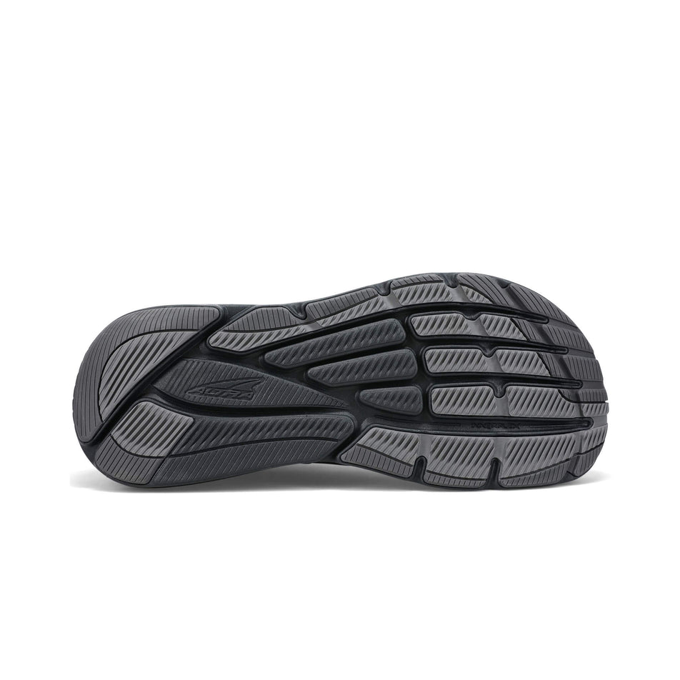 The outsole of the right shoe from a pair of Altra Men's Via Olympus Running Shoes in the black colourway (7935610978466)