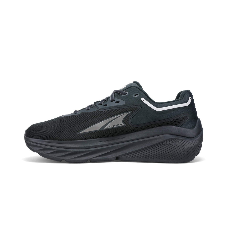 Medial side of the right shoe from a pair of Altra Men's Via Olympus Running Shoes in the black colourway (7935610978466)