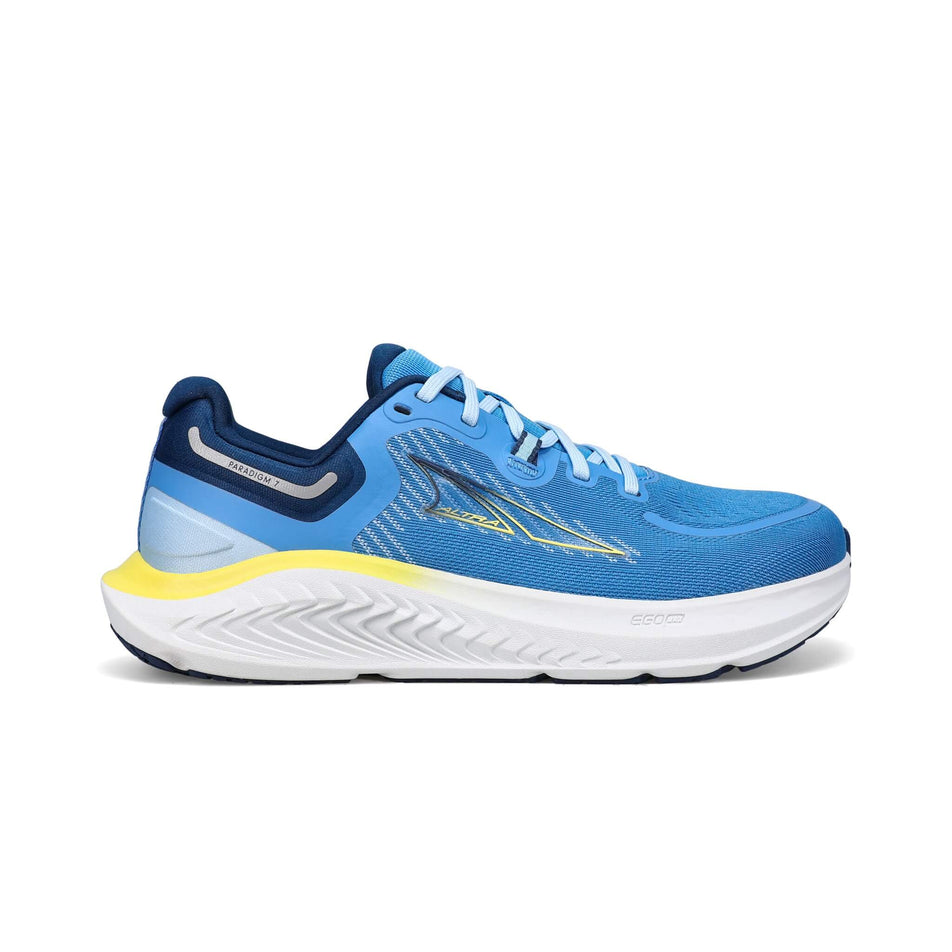 Lateral side of the right shoe from a pair of Altra Women's Paradigm 7 Running Shoes in the blue colourway (7980583059618)