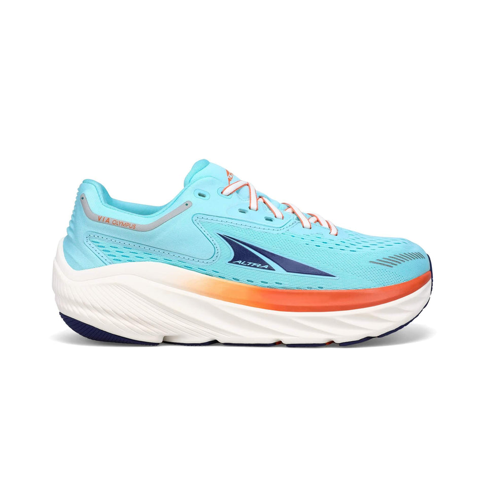 Lateral side of the right shoe from a pair of Altra Women's Via Olympus Running Shoes in the Light Blue colourway (7935888785570)