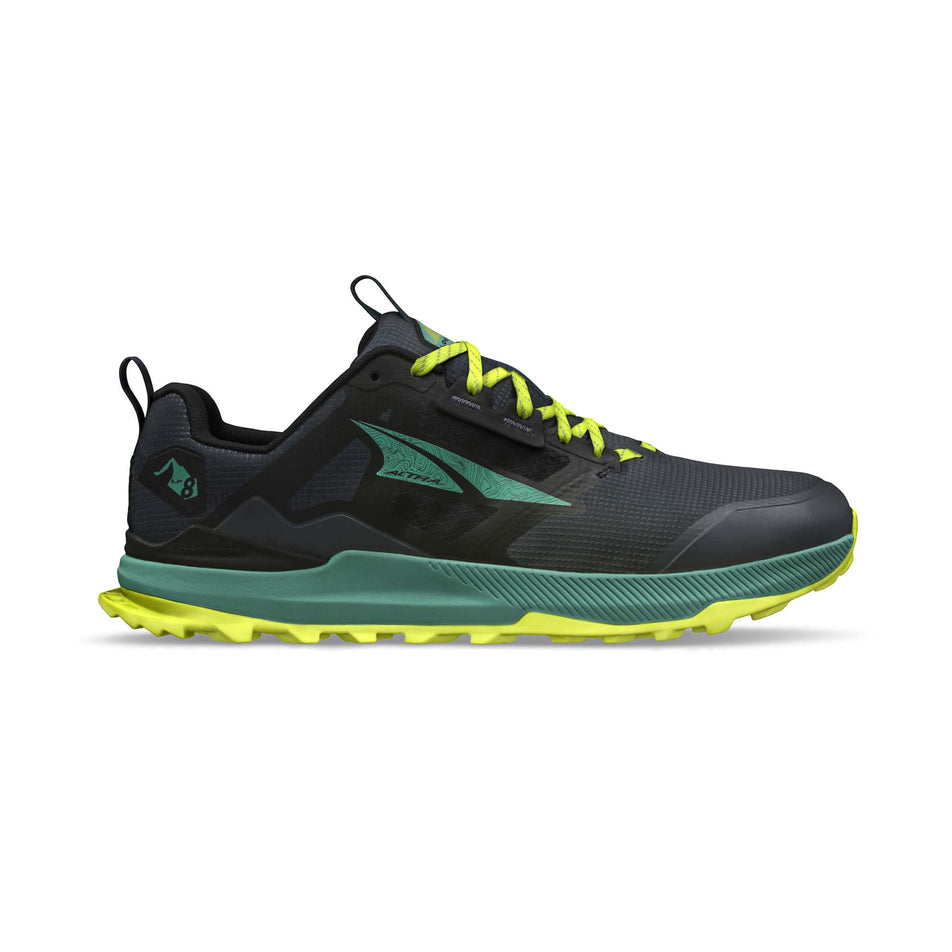 Lateral side of the right shoe from a pair of Altra Men's Lone Peak 8 Running Shoes in the Black/Green colourway (8154798620834)