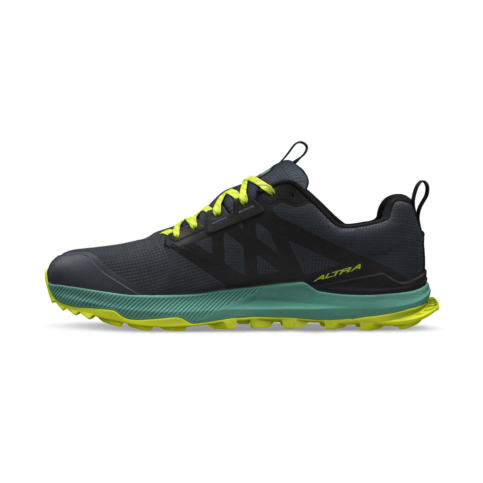 Medial side of the right shoe from a pair of Altra Men's Lone Peak 8 Running Shoes in the Black/Green colourway (8154798620834)