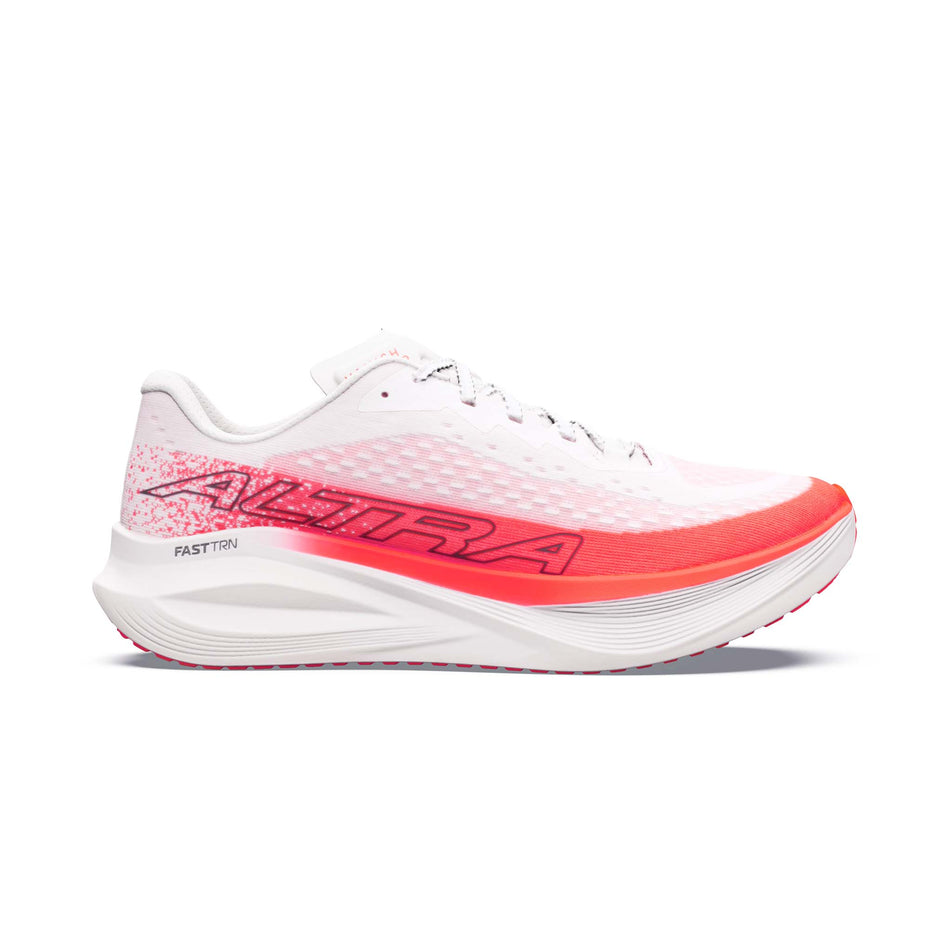 Lateral view of the right shoe from a pair of Altra Men's Vanish Tempo 2 in the White/Fiery Coral colourway.