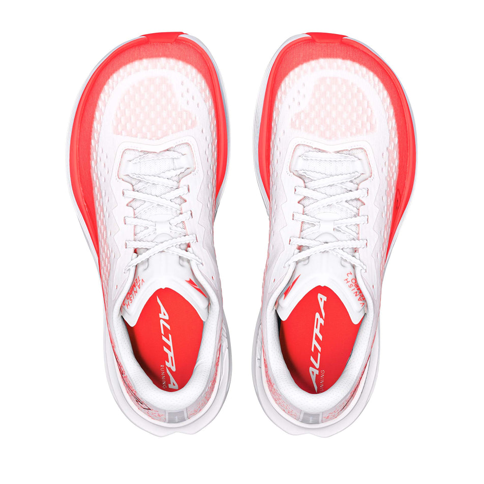 The uppers of a pair of Altra Men's Vanish Tempo 2 in the White/Fiery Coral colourway.