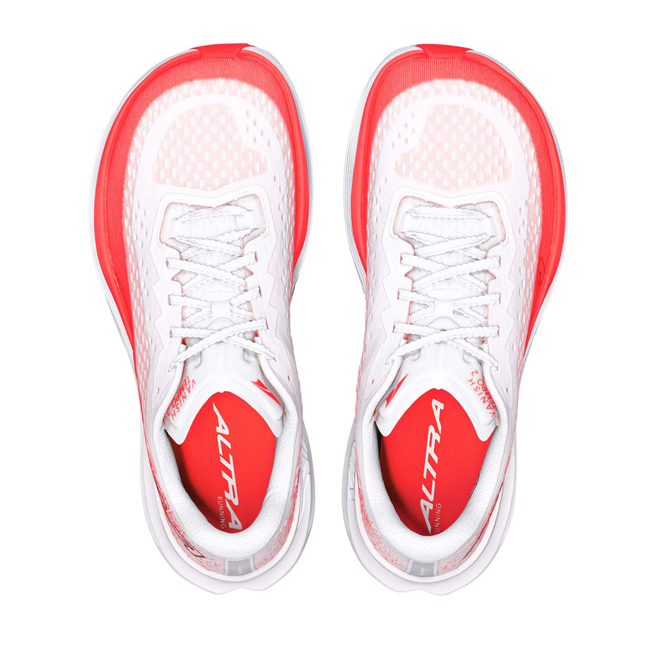 The uppers of a pair of Altra Women's Vanish Tempo 2 in the White/Fiery Coral colourway.