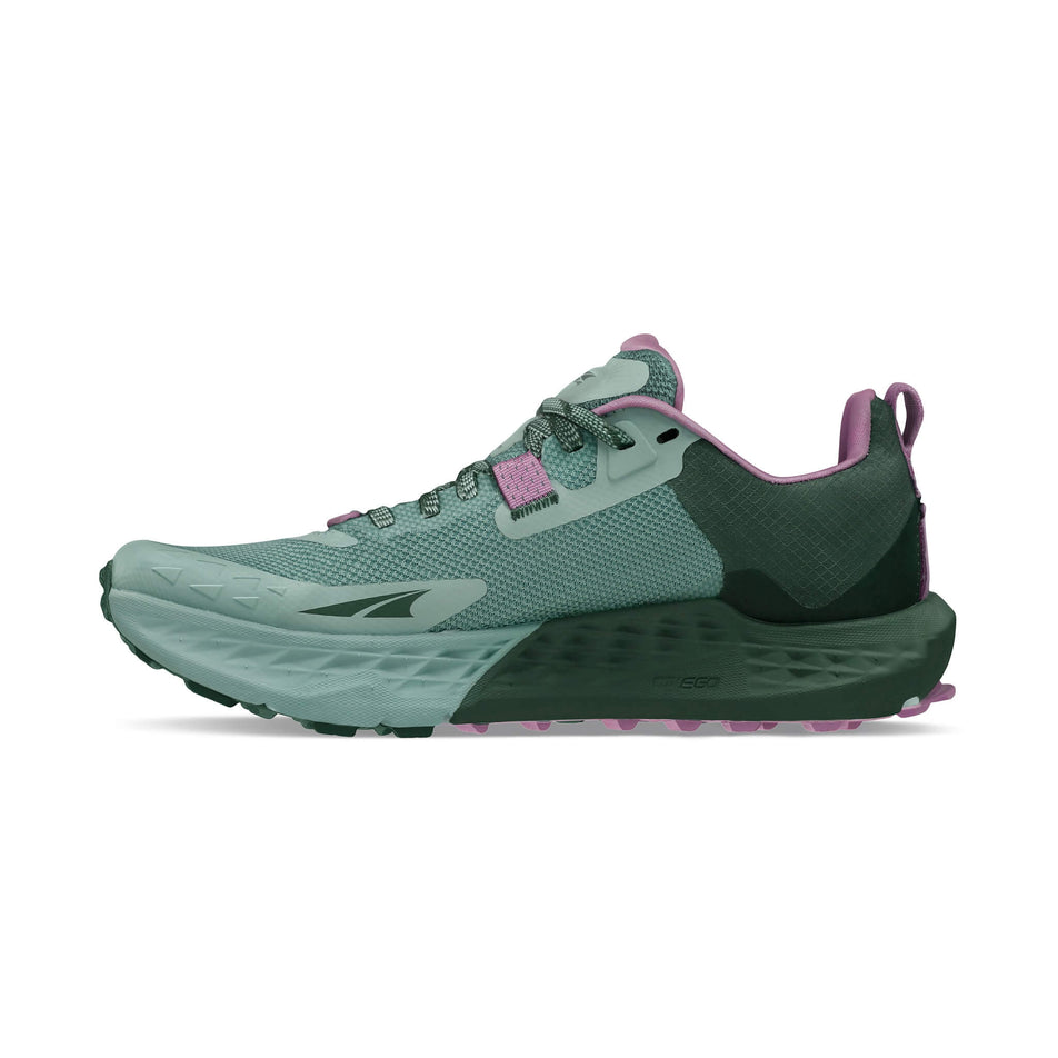 Medial side of the right shoe from a pair of Altra Women's Timp 5 Running Shoes in the Green/Forest colourway (8164451025058)
