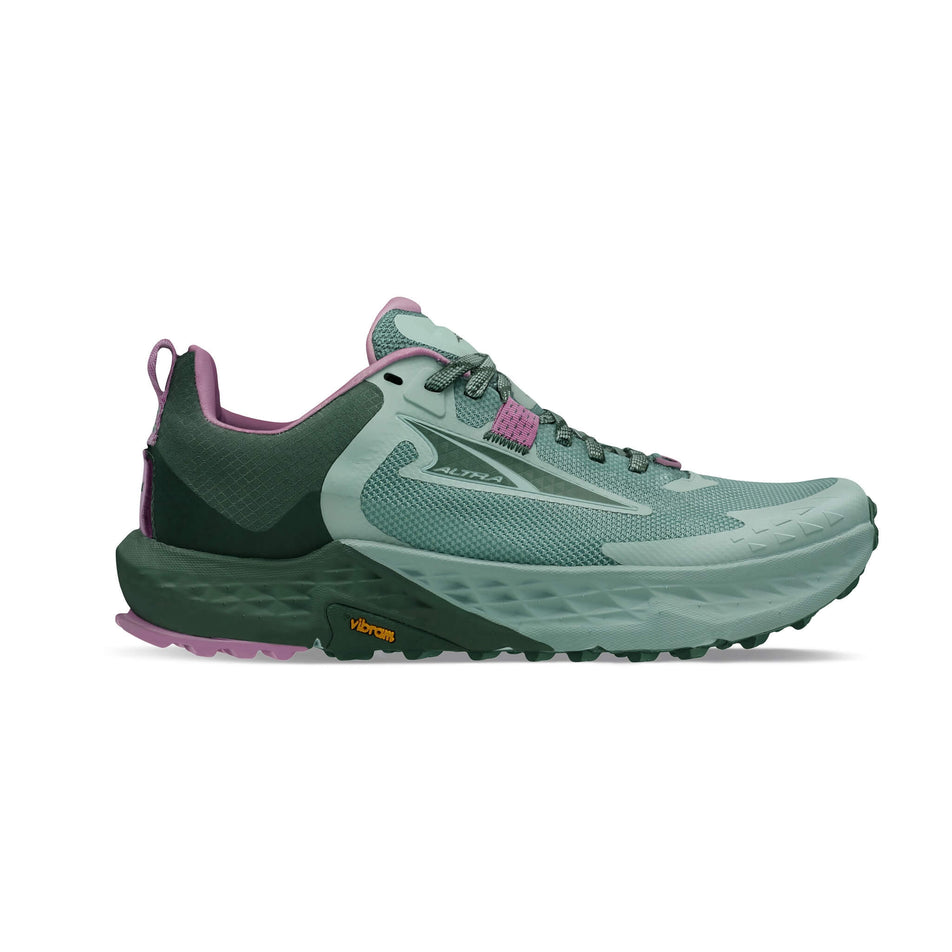 Lateral side of the right shoe from a pair of Altra Women's Timp 5 Running Shoes in the Green/Forest colourway (8164451025058)